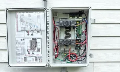Internal view of a professionally wired critical load panel for a solar battery storage installation in Los Angeles
