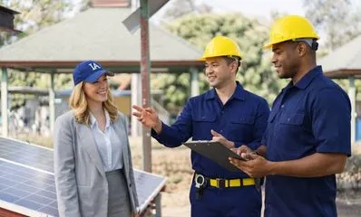 Expert technicians reviewing energy production data and financial ROI for a residential solar project in Los Angeles.