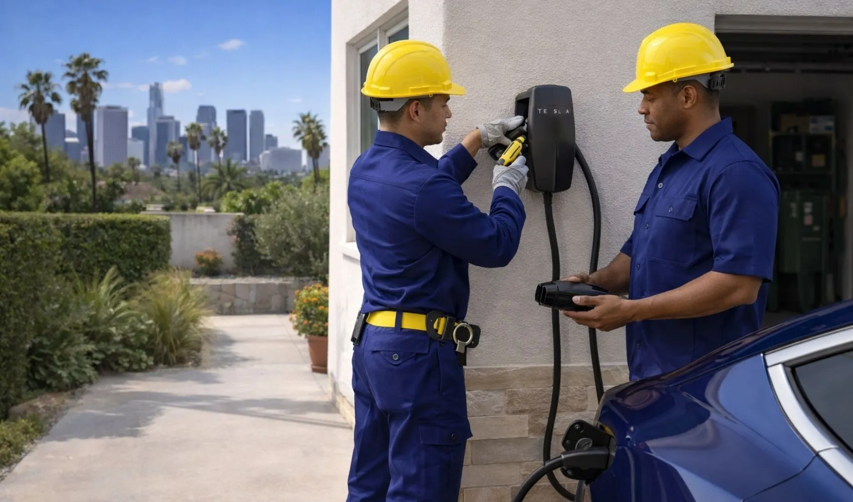 Modern electric car charging at home using a solar-powered EV station installed by NeighborSun in LA.