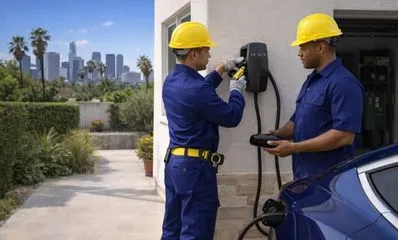 Close-up of an electric vehicle plugged into a NeighborSun home charging station, showing seamless integration.