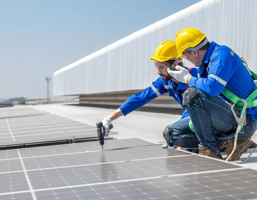 Large-scale commercial solar panel installation for industrial warehouses in Los Angeles using crane equipment.